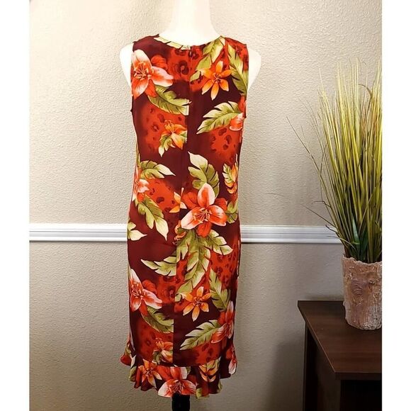 Chico's Silk Tropical Floral Dress - Red Green Sleeveless Medium - Picture 3 of 8
